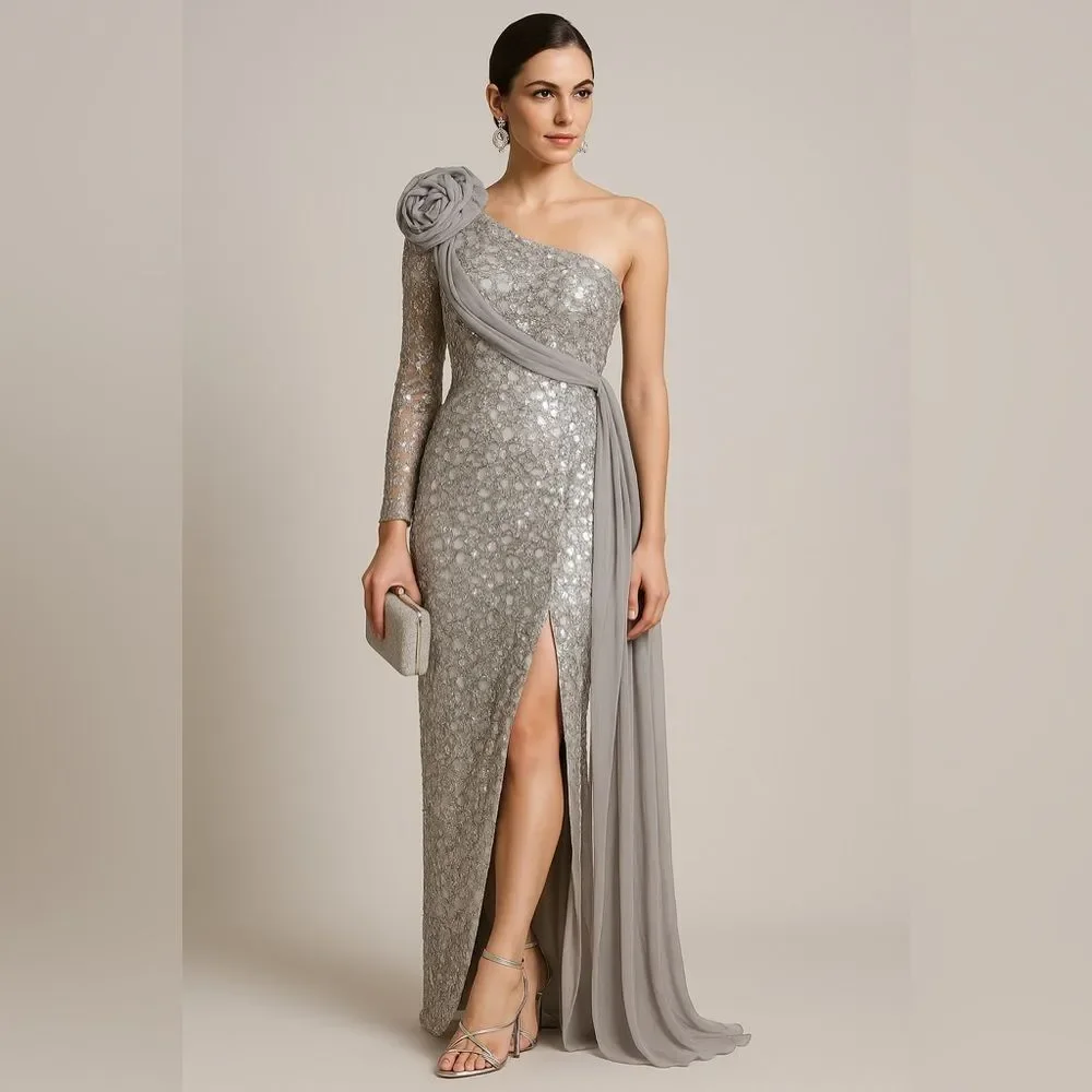 Elegant 80’s Style Silver Sequin One Shoulder Evening Gown Chiffon & Rose M - Picture 1 of 8